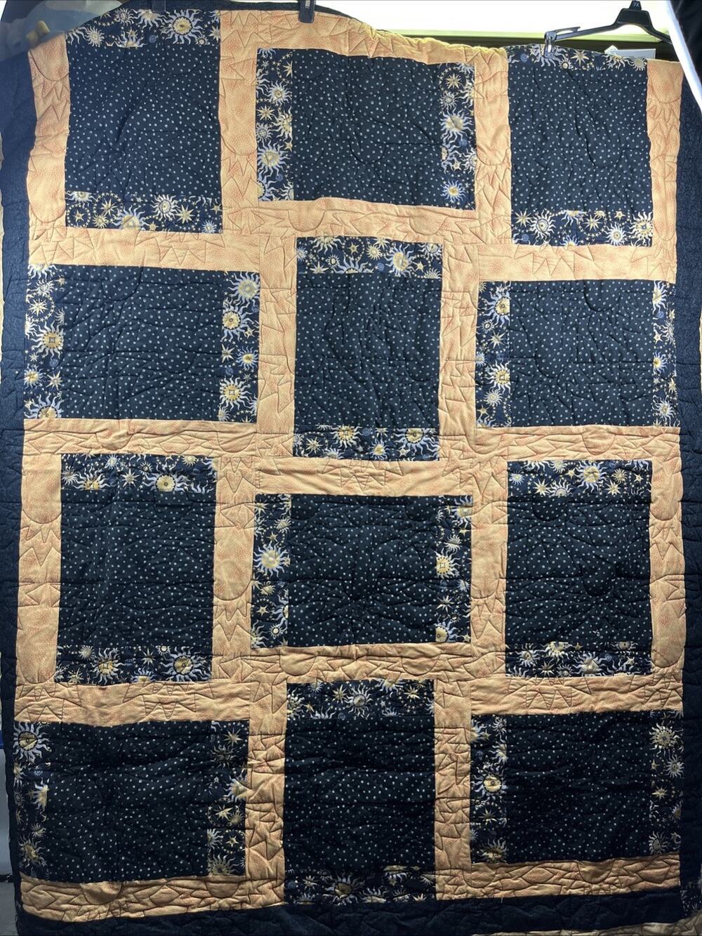 Oversized Throw Lapghan Reverse Blanket Dark Blue Floral Design Peach Accents
